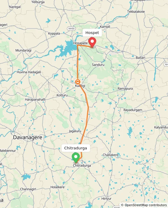 Route map showing distance and travel time from Chitradurga, India to Hospet, India