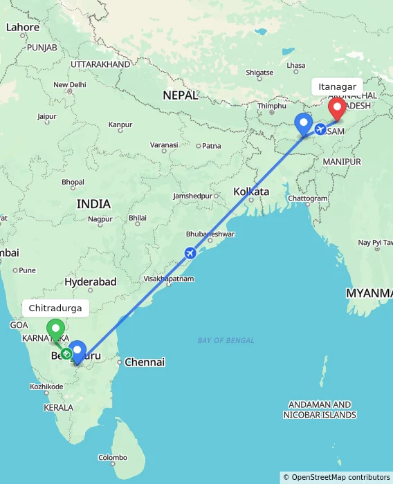 Route map showing distance and travel time from Chitradurga, India to Itanagar, India