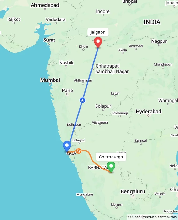 Route map showing distance and travel time from Chitradurga, India to Jalgaon, India