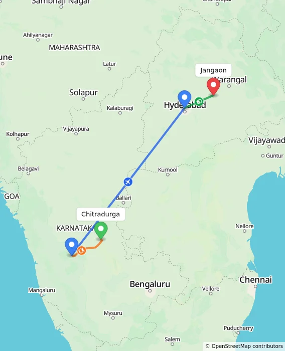 Route map showing distance and travel time from Chitradurga, India to Jangaon, India