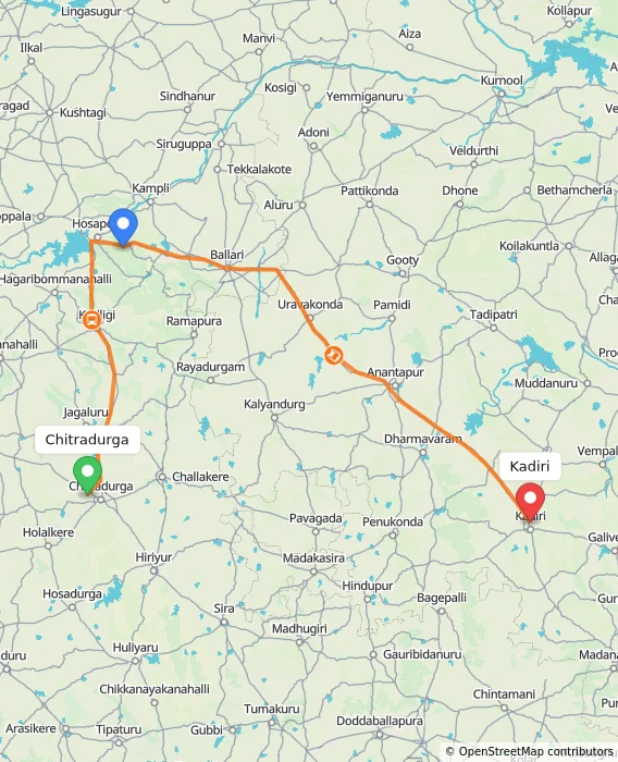 Route map showing distance and travel time from Chitradurga, India to Kadiri, India