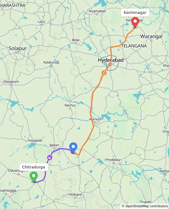 Route map showing distance and travel time from Chitradurga, India to Karimnagar, India