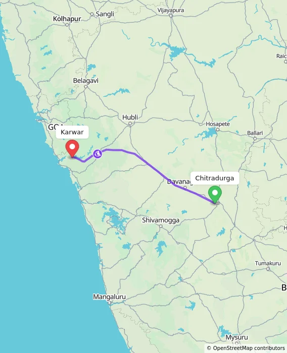 Route map showing distance and travel time from Chitradurga, India to Karwar, India