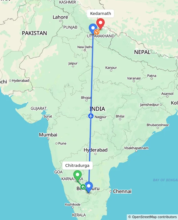 Route map showing distance and travel time from Chitradurga, India to Kedarnath, India