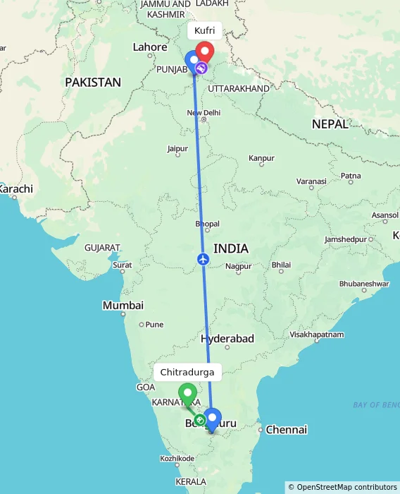 Route map showing distance and travel time from Chitradurga, India to Kufri, India