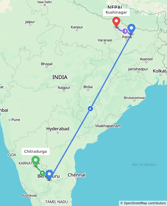 Route map showing distance and travel time from Chitradurga, India to Kushinagar, India