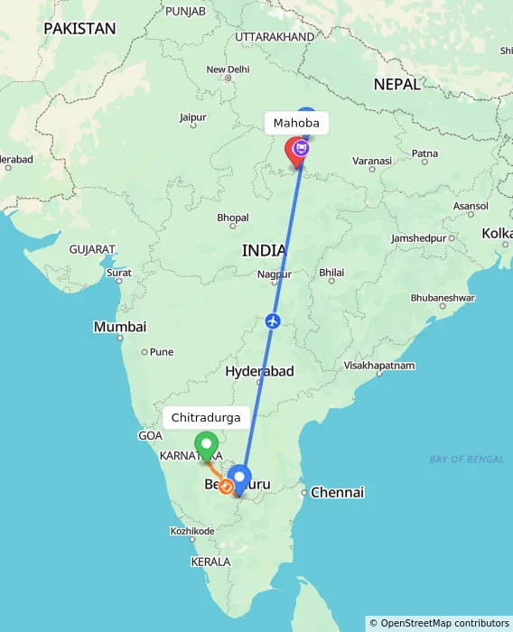 Route map showing distance and travel time from Chitradurga, India to Mahoba, India