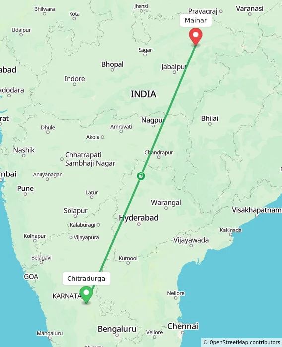 Route map showing distance and travel time from Chitradurga, India to Maihar, India