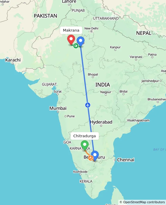 Route map showing distance and travel time from Chitradurga, India to Makrana, India