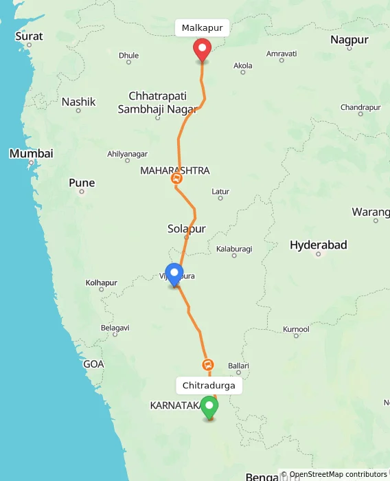 Route map showing distance and travel time from Chitradurga, India to Malkapur, India