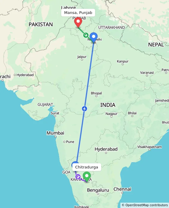 Route map showing distance and travel time from Chitradurga, India to Mansa, Punjab, India
