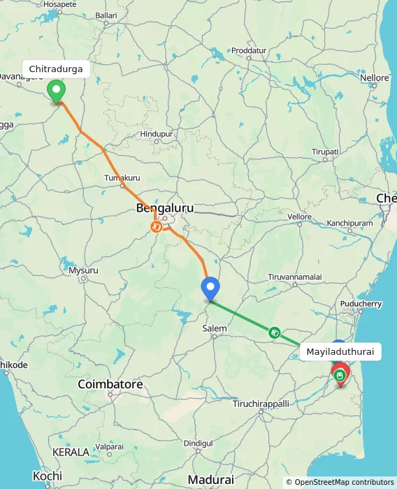 Route map showing distance and travel time from Chitradurga, India to Mayiladuthurai, India