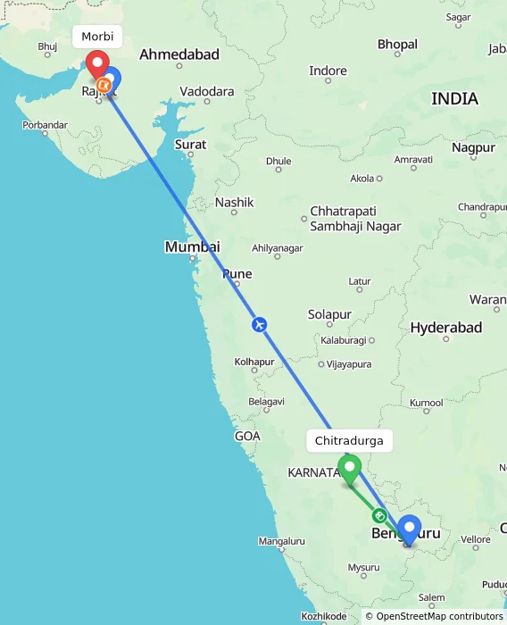 Route map showing distance and travel time from Chitradurga, India to Morbi, India