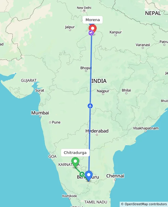 Route map showing distance and travel time from Chitradurga, India to Morena, India