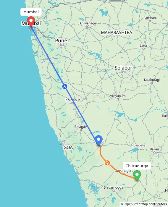 Route map showing distance and travel time from Chitradurga, India to Mumbai, India