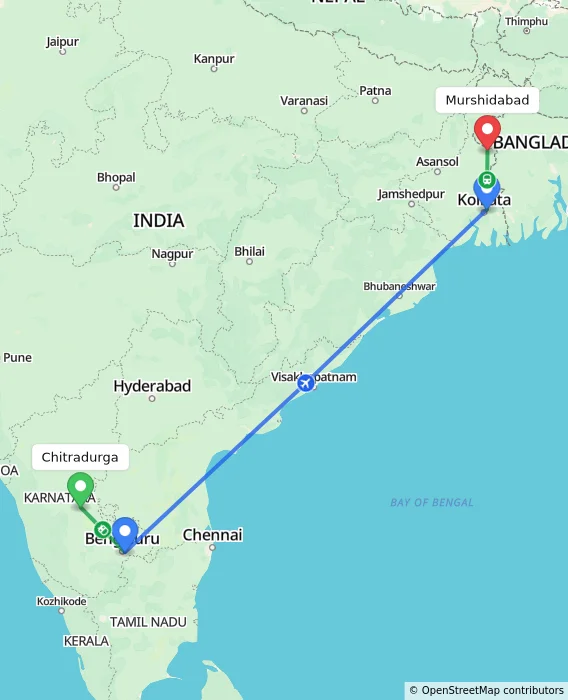 Route map showing distance and travel time from Chitradurga, India to Murshidabad, India