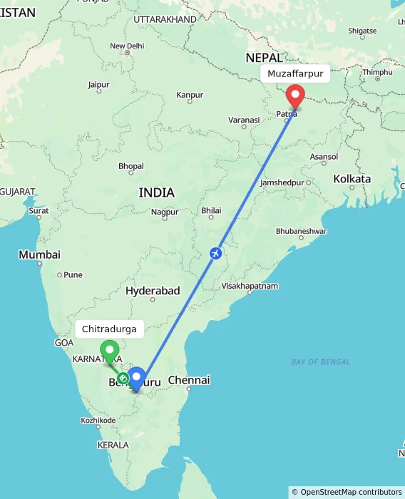 Route map showing distance and travel time from Chitradurga, India to Muzaffarpur, India