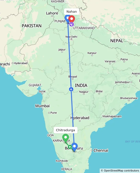 Route map showing distance and travel time from Chitradurga, India to Nahan, India