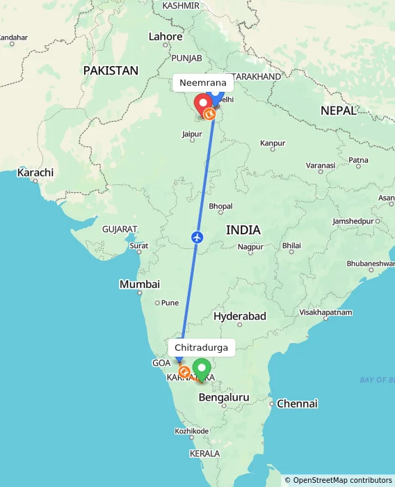 Route map showing distance and travel time from Chitradurga, India to Neemrana, India
