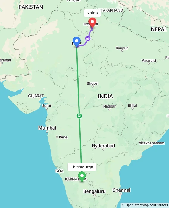 Route map showing distance and travel time from Chitradurga, India to Noida, India