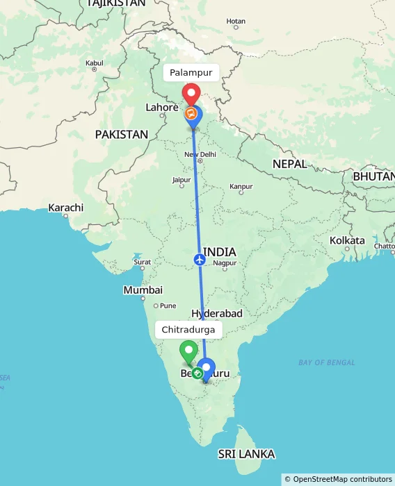 Route map showing distance and travel time from Chitradurga, India to Palampur, India
