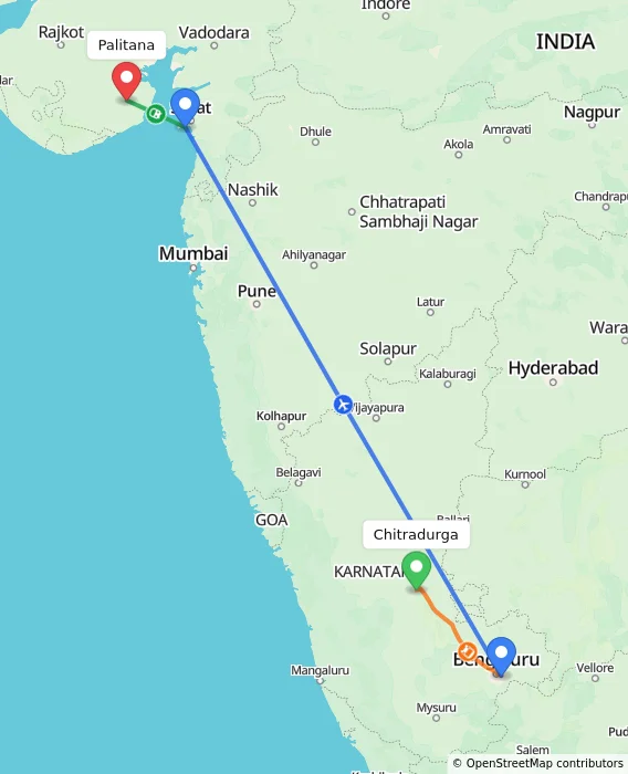Route map showing distance and travel time from Chitradurga, India to Palitana, India