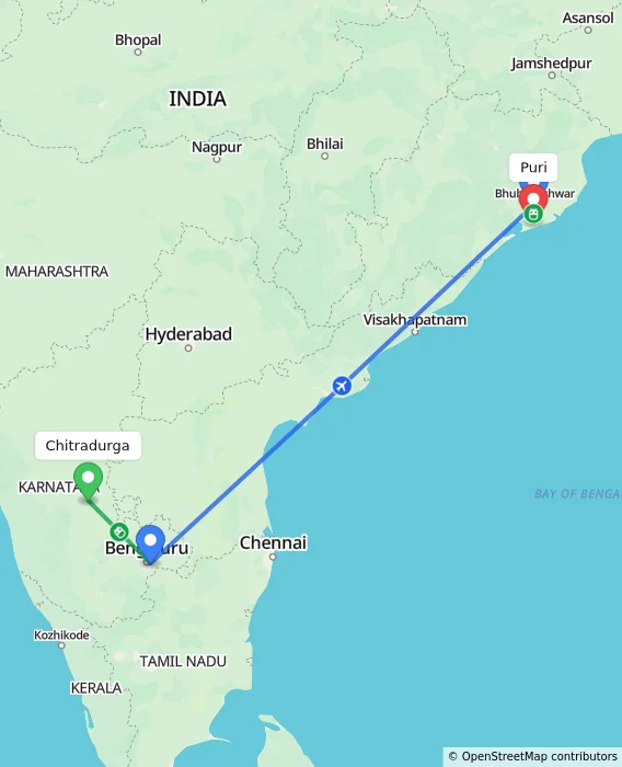 Route map showing distance and travel time from Chitradurga, India to Puri, India
