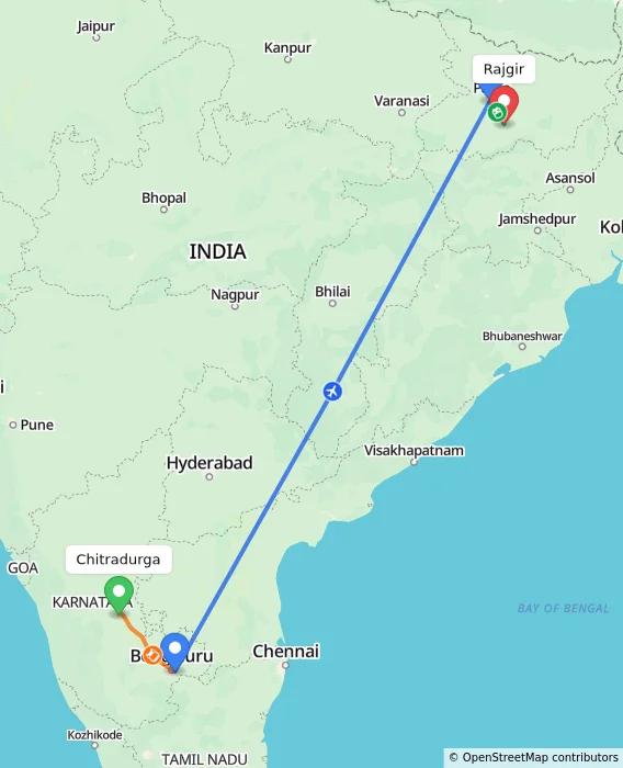 Route map showing distance and travel time from Chitradurga, India to Rajgir, India