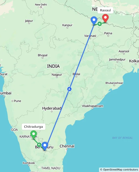 Route map showing distance and travel time from Chitradurga, India to Raxaul, India