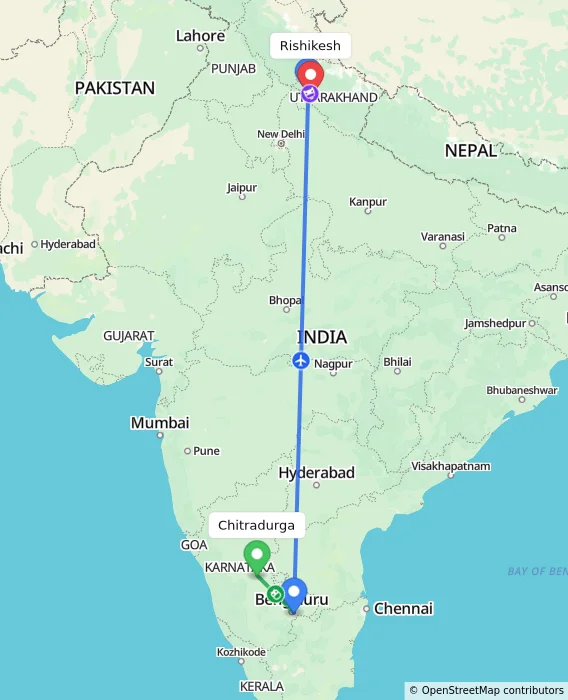 Route map showing distance and travel time from Chitradurga, India to Rishikesh, India
