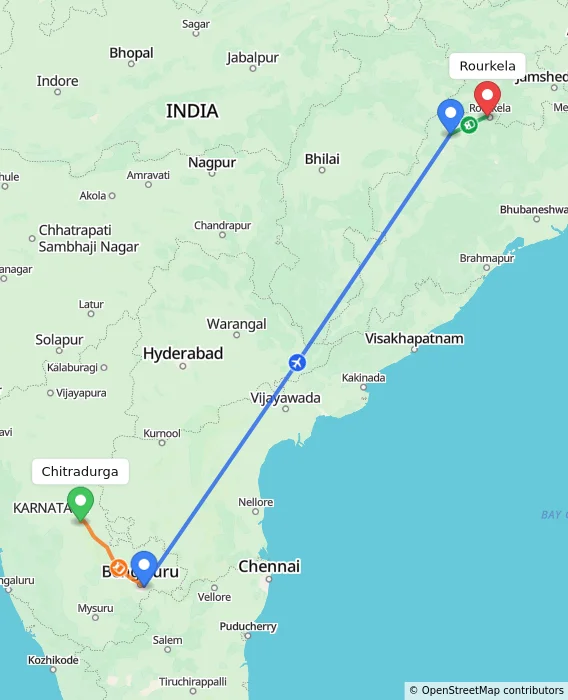 Route map showing distance and travel time from Chitradurga, India to Rourkela, India