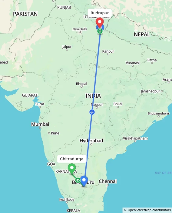 Route map showing distance and travel time from Chitradurga, India to Rudrapur, India