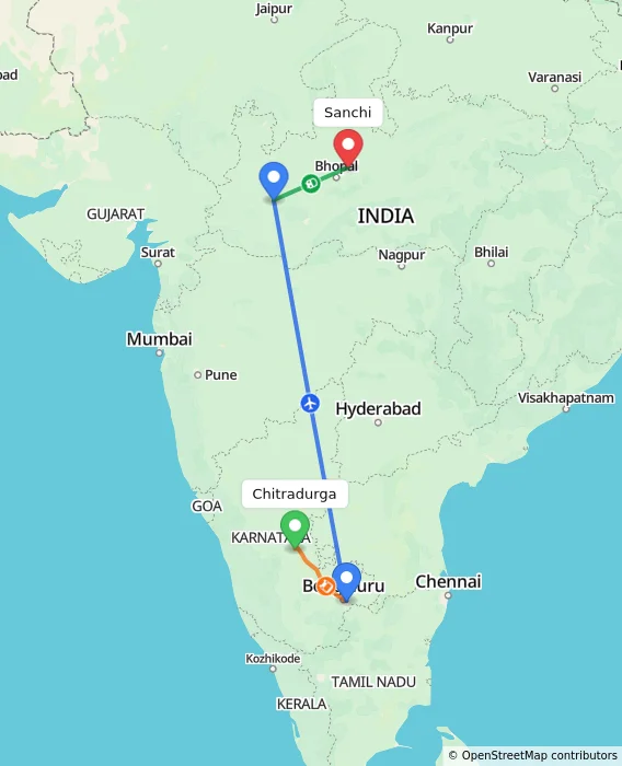 Route map showing distance and travel time from Chitradurga, India to Sanchi, India