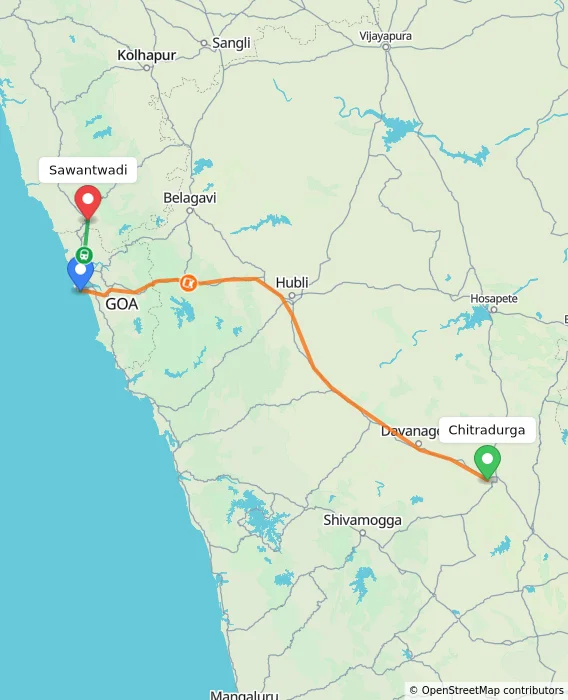 Route map showing distance and travel time from Chitradurga, India to Sawantwadi, India