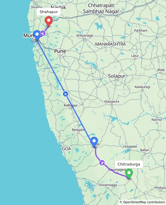 Route map showing distance and travel time from Chitradurga, India to Shahapur, India