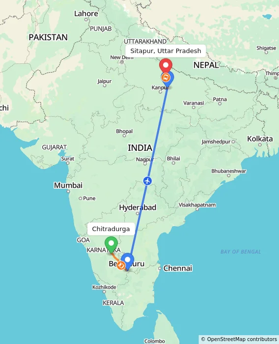Route map showing distance and travel time from Chitradurga, India to Sitapur, Uttar Pradesh, India