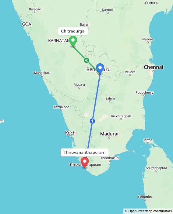 Route map showing distance and travel time from Chitradurga, India to Thiruvananthapuram, India