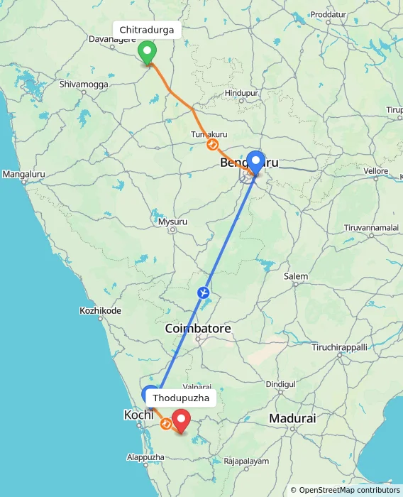 Route map showing distance and travel time from Chitradurga, India to Thodupuzha, India