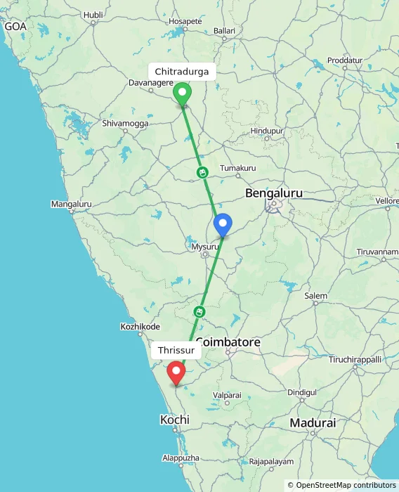 Route map showing distance and travel time from Chitradurga, India to Thrissur, India