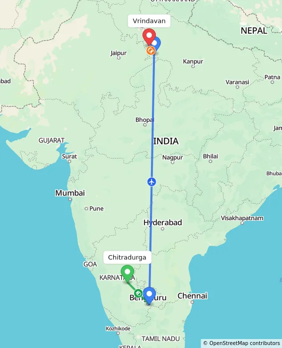 Route map showing distance and travel time from Chitradurga, India to Vrindavan, India