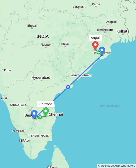 Route map showing distance and travel time from Chittoor, India to Angul, India