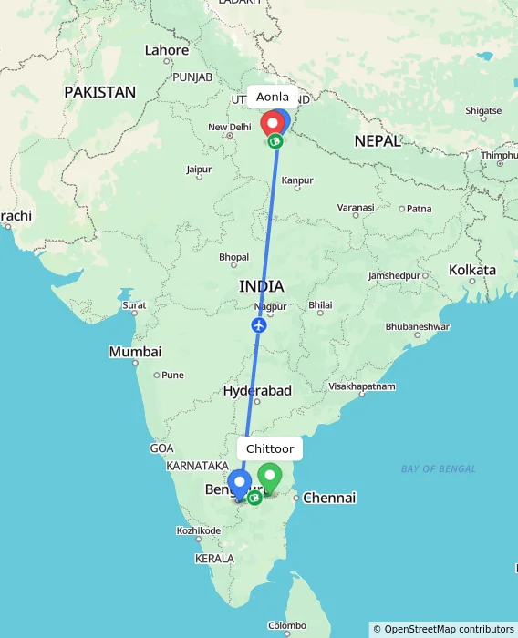 Route map showing distance and travel time from Chittoor, India to Aonla, India