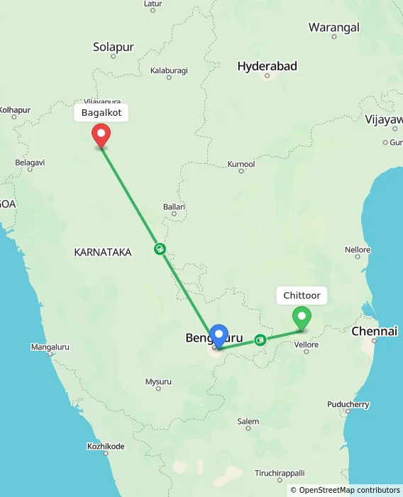 Route map showing distance and travel time from Chittoor, India to Bagalkot, India