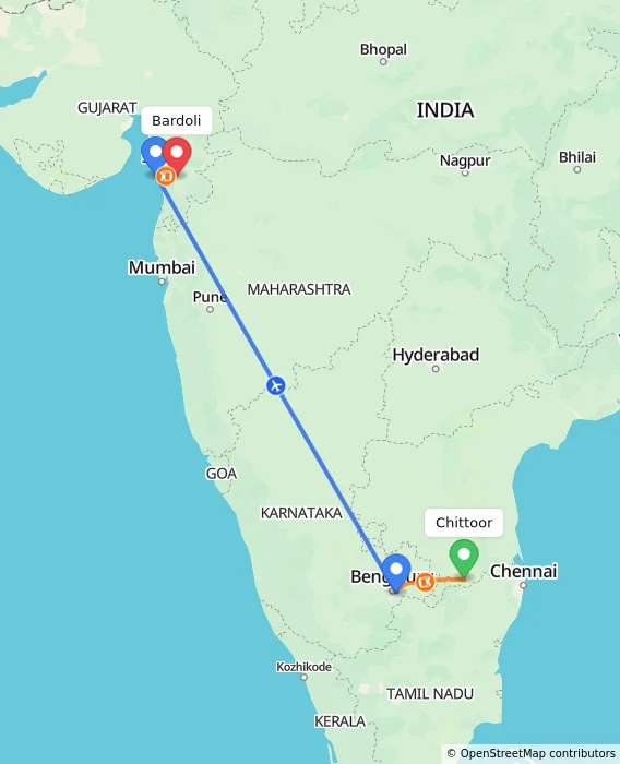Route map showing distance and travel time from Chittoor, India to Bardoli, India