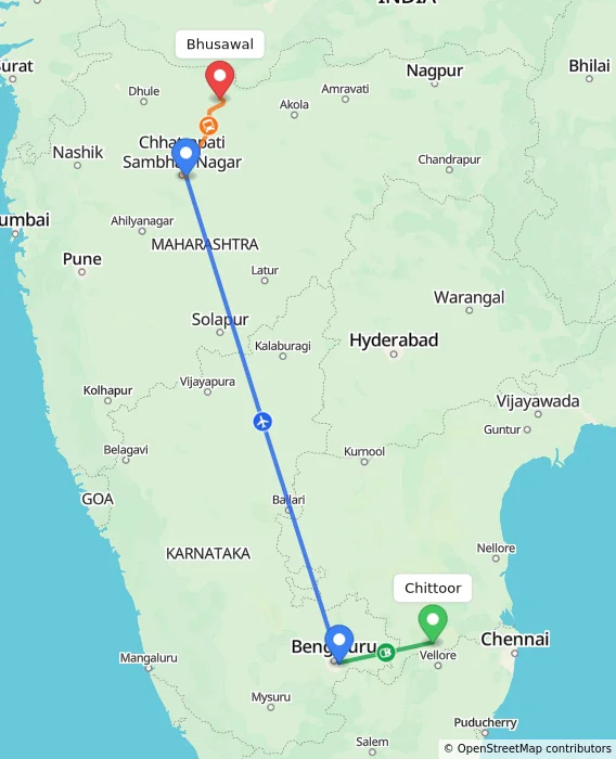 Route map showing distance and travel time from Chittoor, India to Bhusawal, India