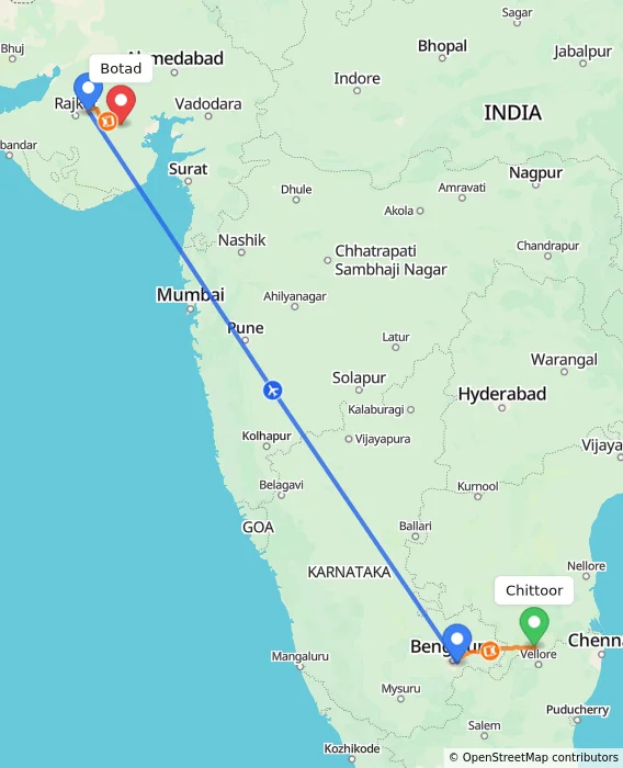 Route map showing distance and travel time from Chittoor, India to Botad, India