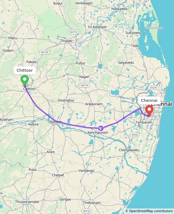 Route map showing distance and travel time from Chittoor, India to Chennai, India