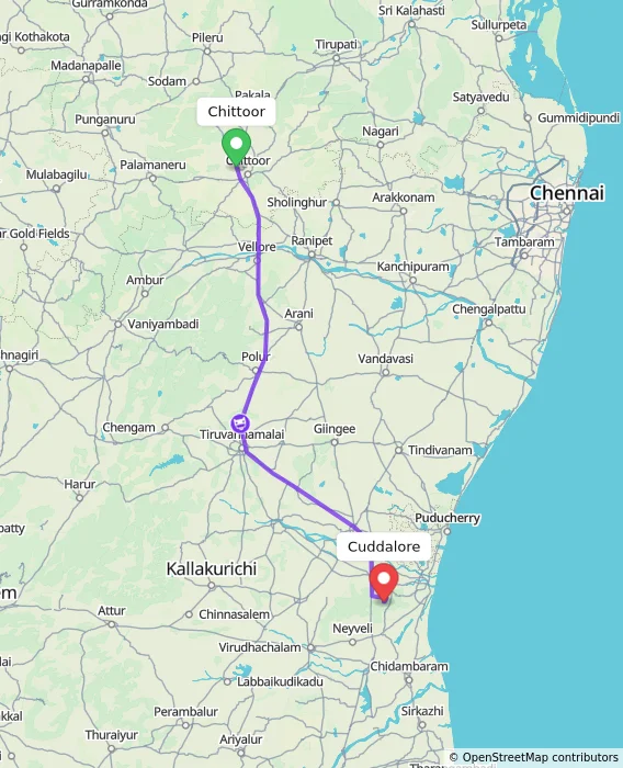 Route map showing distance and travel time from Chittoor, India to Cuddalore, India