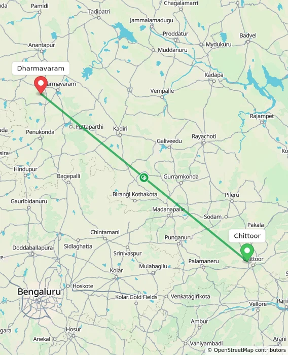 Route map showing distance and travel time from Chittoor, India to Dharmavaram, India