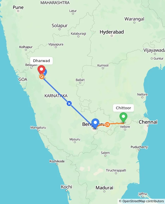 Route map showing distance and travel time from Chittoor, India to Dharwad, India